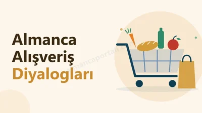 Almanca Portalı Ana Sayfa - Gutenberg 5 Almanca alışveriş diyalogları kapak görseli: alışveriş arabası, poşet, meyve ve sebzeler