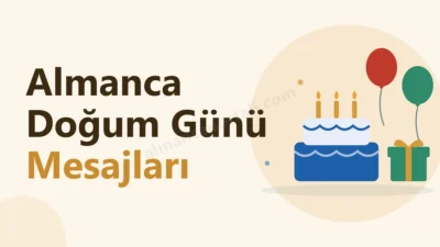 Almanca Portalı Ana Sayfa - Gutenberg 1 Almanca doğum günü mesajları kapak görseli: mumlu pasta, balonlar ve hediye